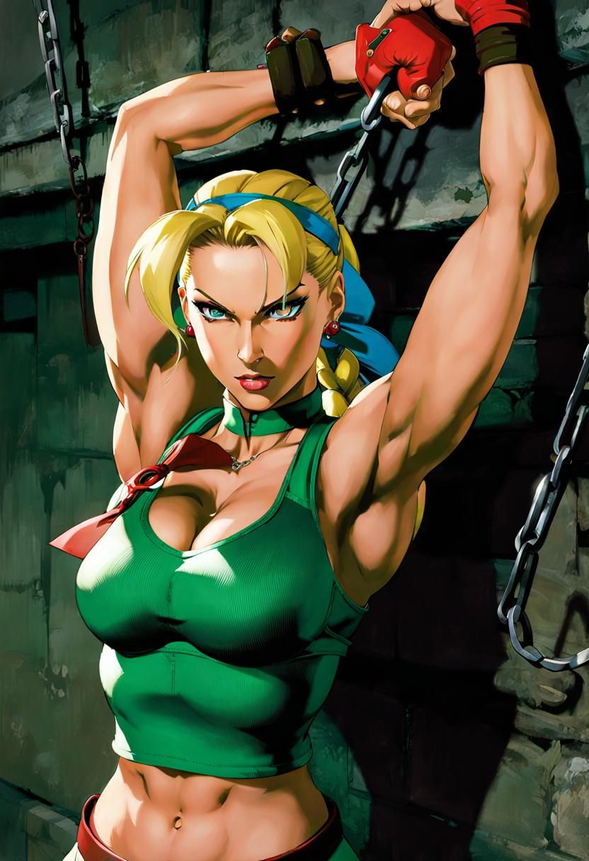 Cammy Street Fighter, sports bra, wrists in shackles, shackles chained to wall, in dungeon