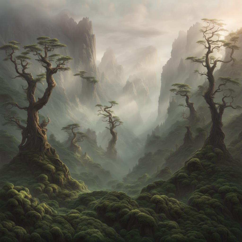 Majestic Mountain Forest Mist in Digital Matte Painting Styl...