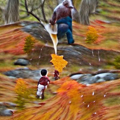 Autumnal Father and Son Tapping Maple Tree
