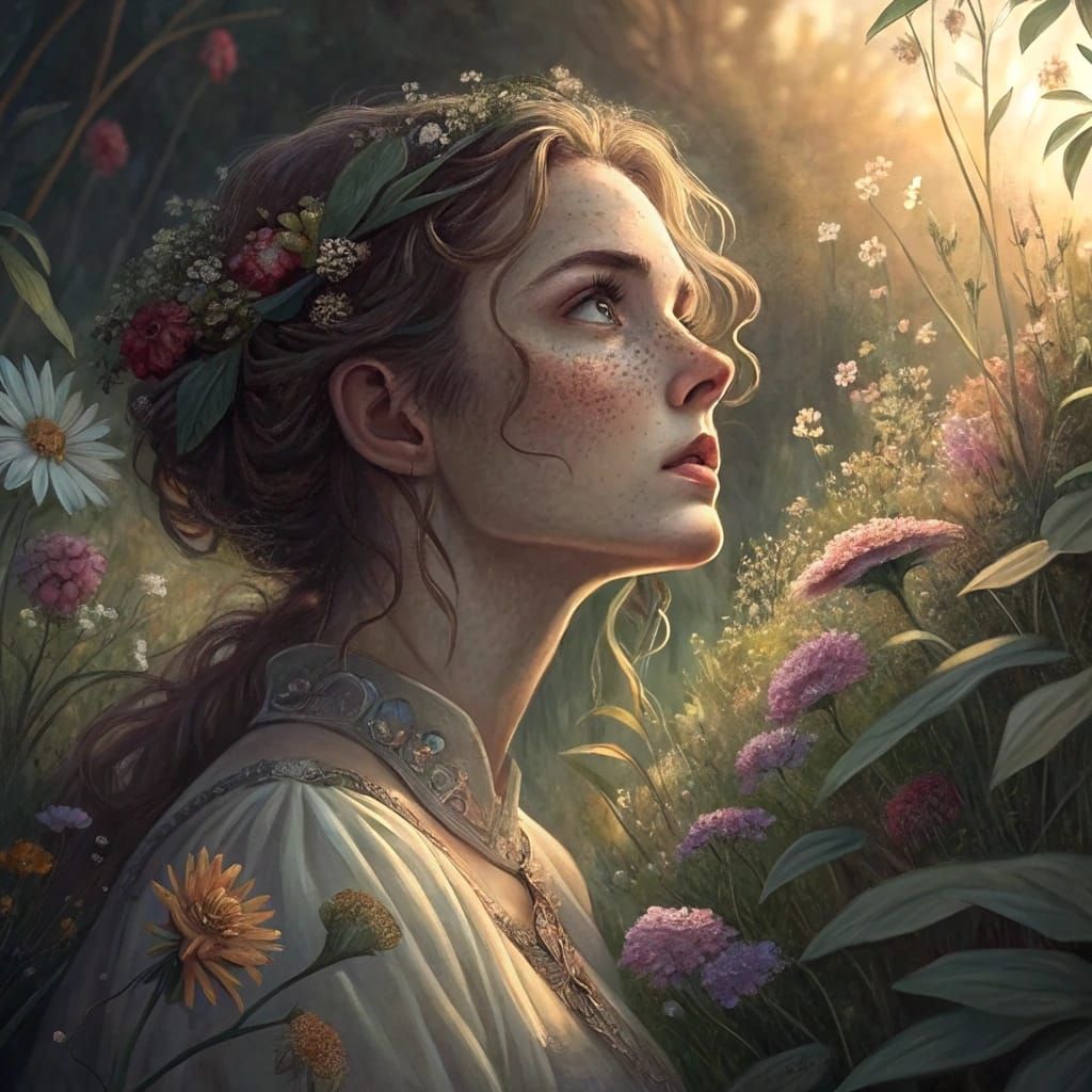 Romantic Fantasy Goddess in a Dreamy Floral Realm