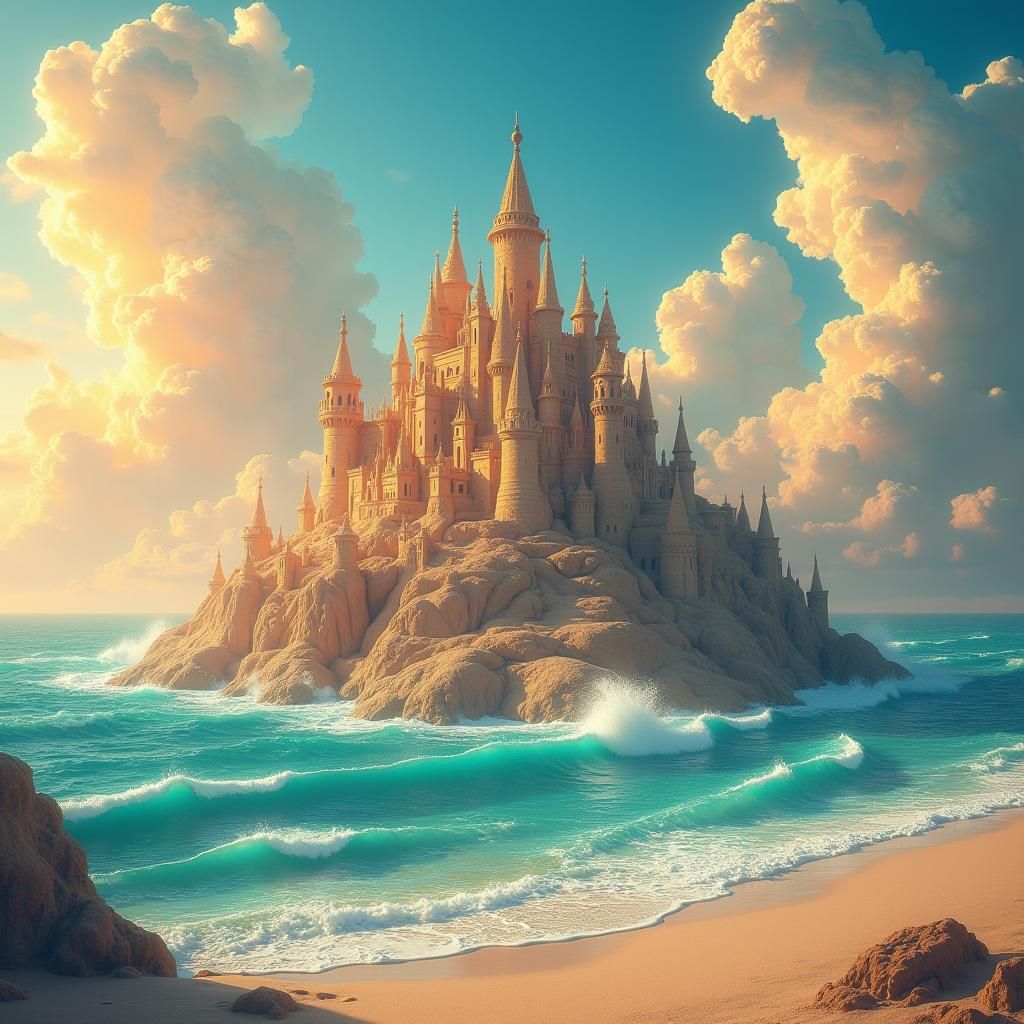 Majestic Sand Castle in a Dreamlike Setting