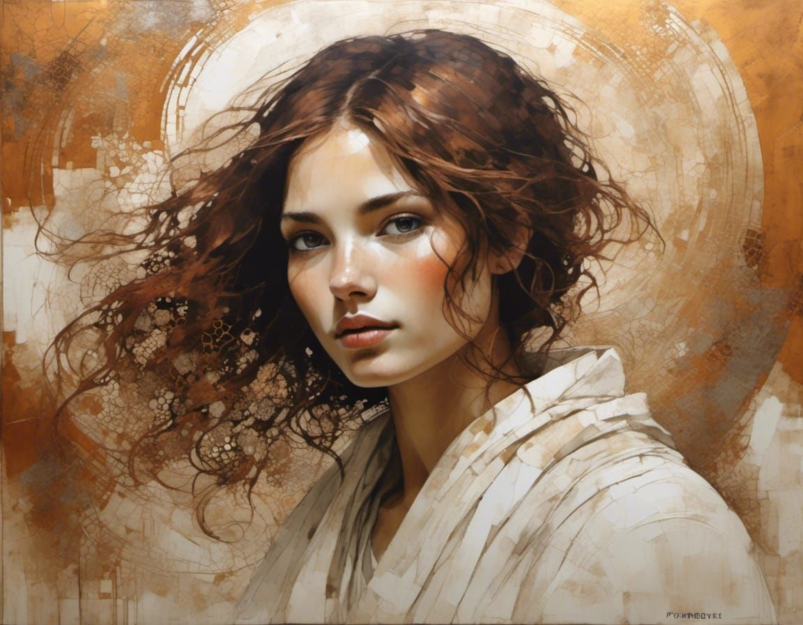 Portrait of Woman in White Robes with Copper Background