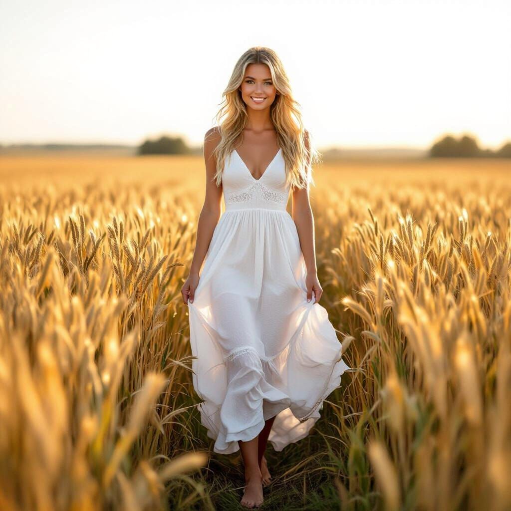 Woman in White Dress in Wheat Field, Photorealistic