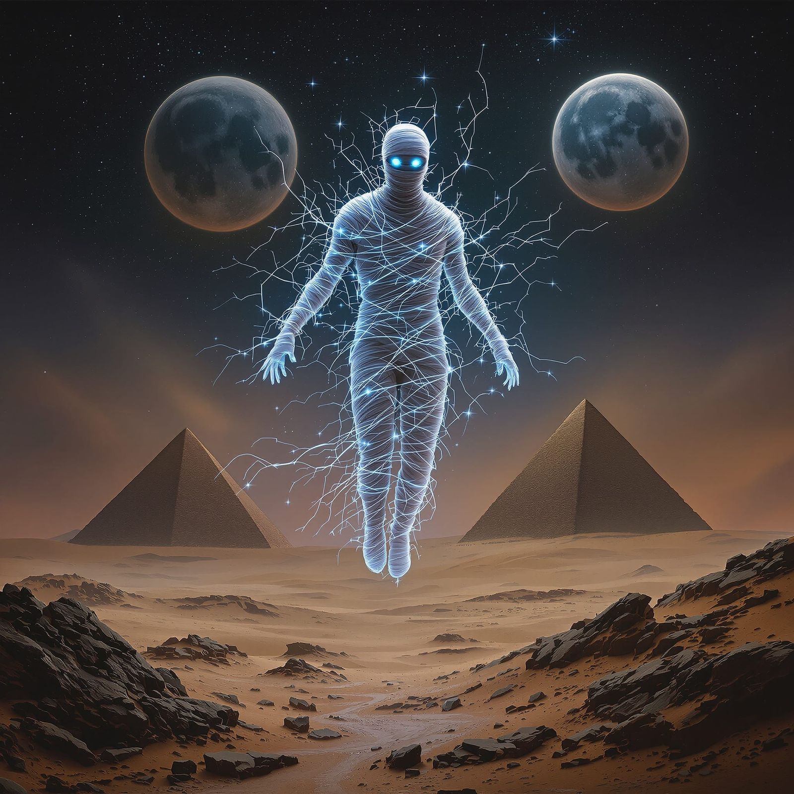 Ethereal Mummy Ascends Over Alien Desert