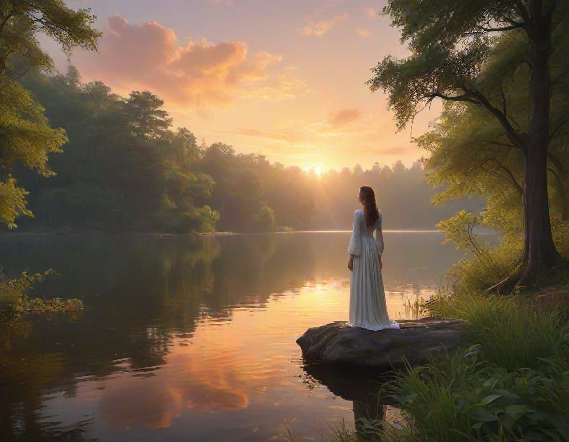 Elegant Woman Stands at Lake's Edge, Sunset Glow