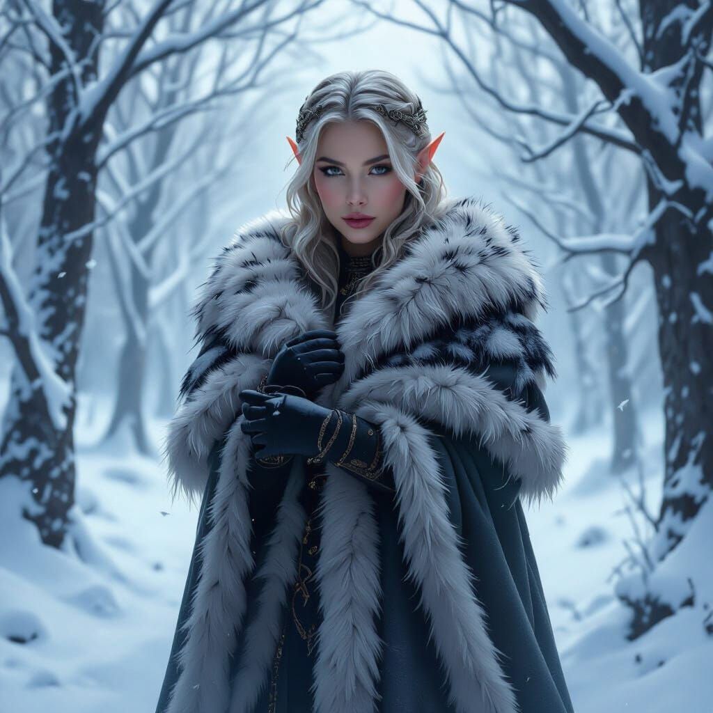Elf in Fur Coat Amidst Snowy Winter