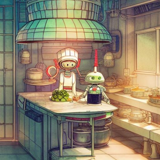 Cute Robot Chef in Kitchen, Watercolor Illustration