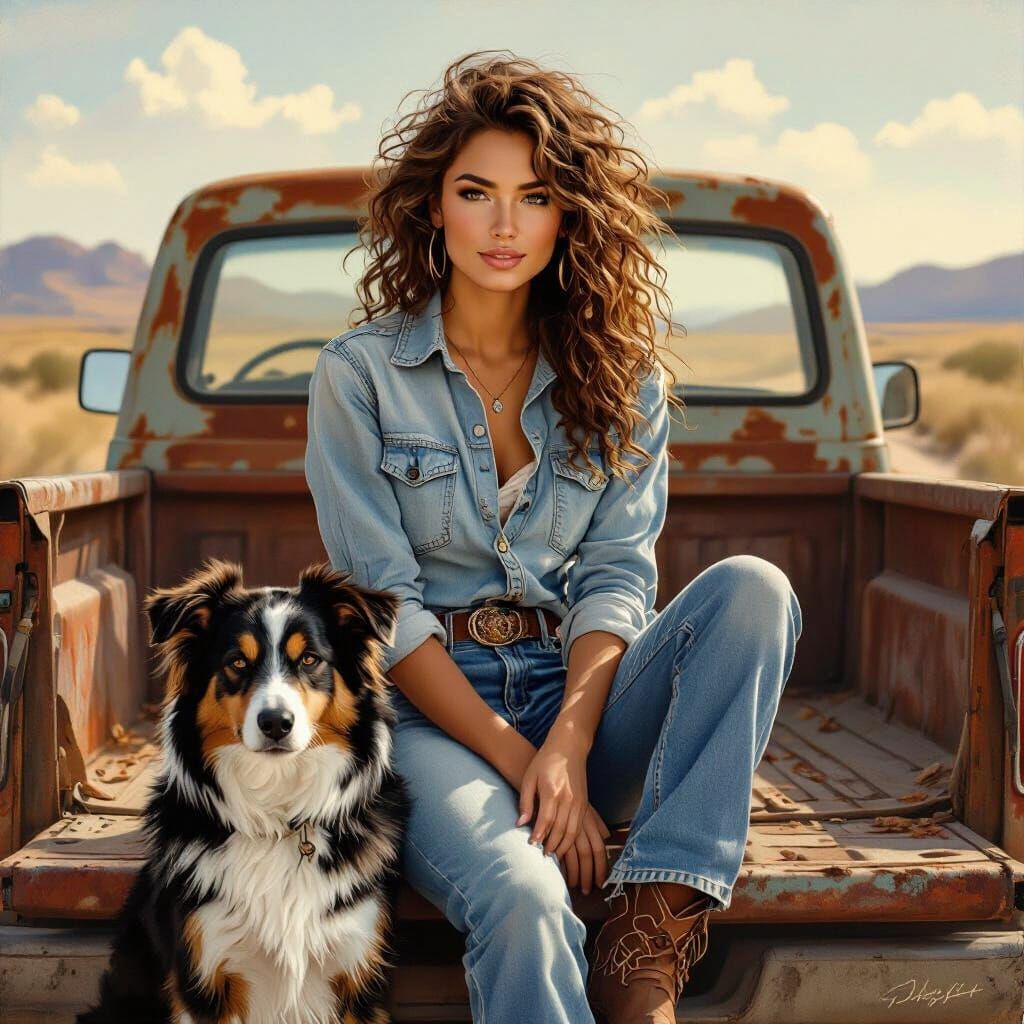 Cowgirl on Vintage Ute with Collie