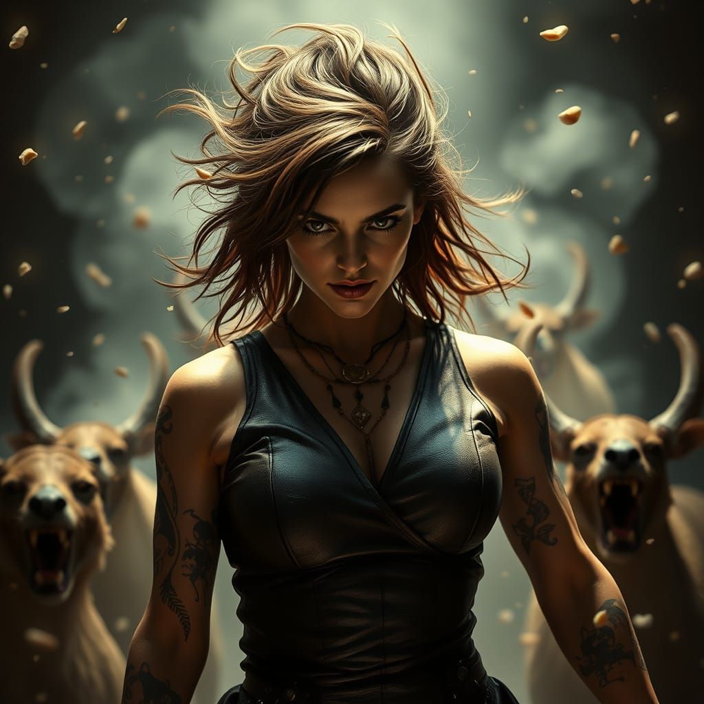 Surreal Goddess of War in Hyper-Luminescent Aura, Levitating...