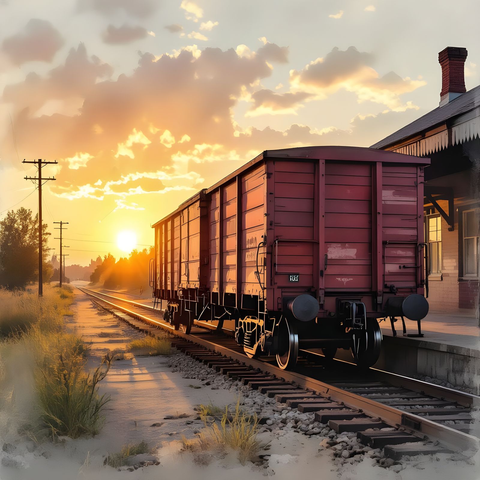 Freight Wagon at Sunset in Dreamy Watercolor Style