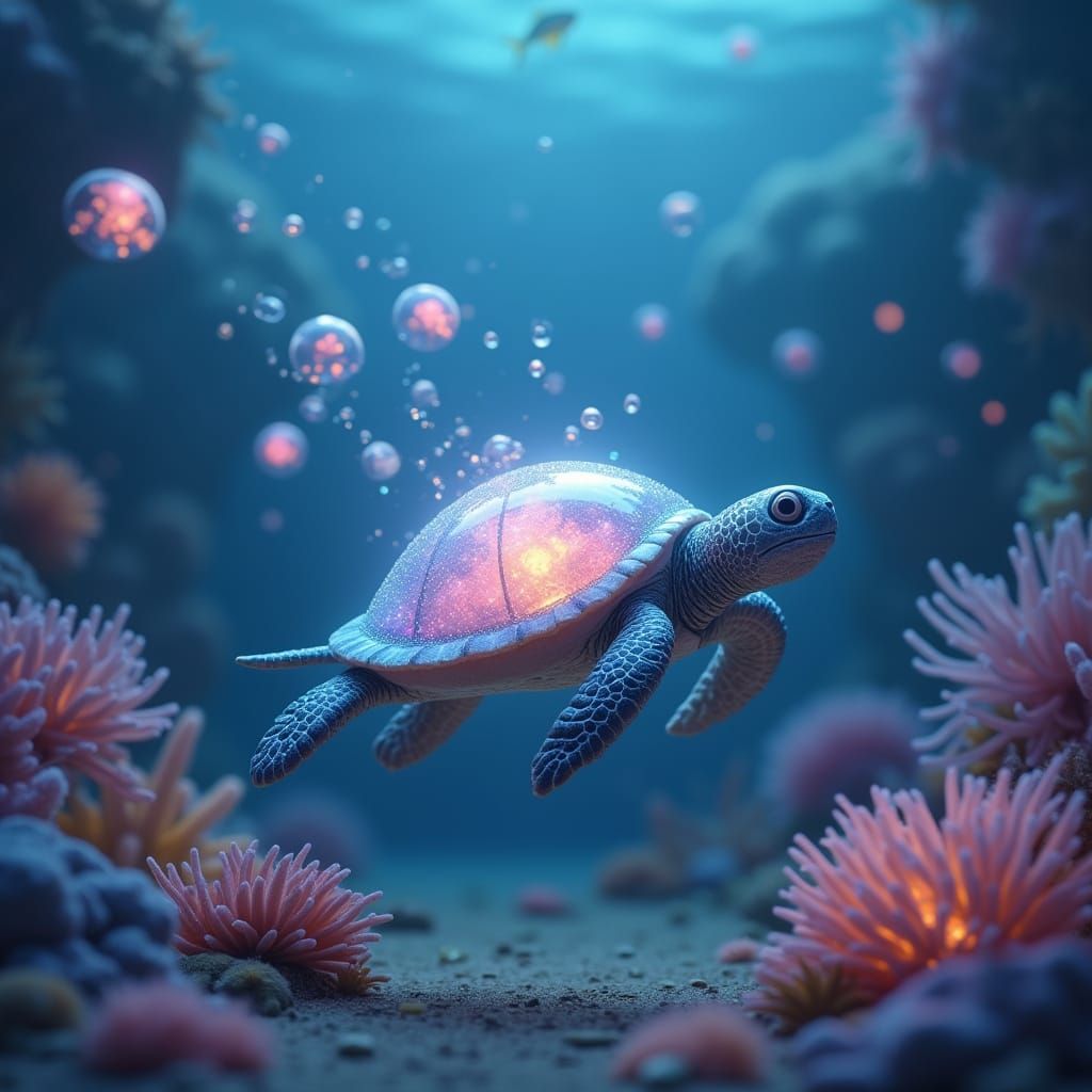 Whimsical Turtle Dances through Vibrant Coral Reef in Pastel...
