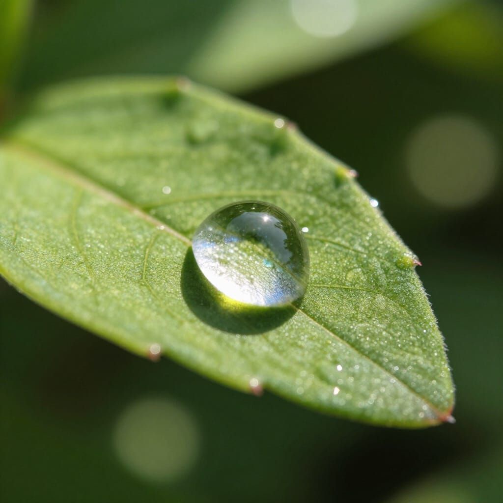 Macro Dewdrop on Leaf in Photorealistic Style