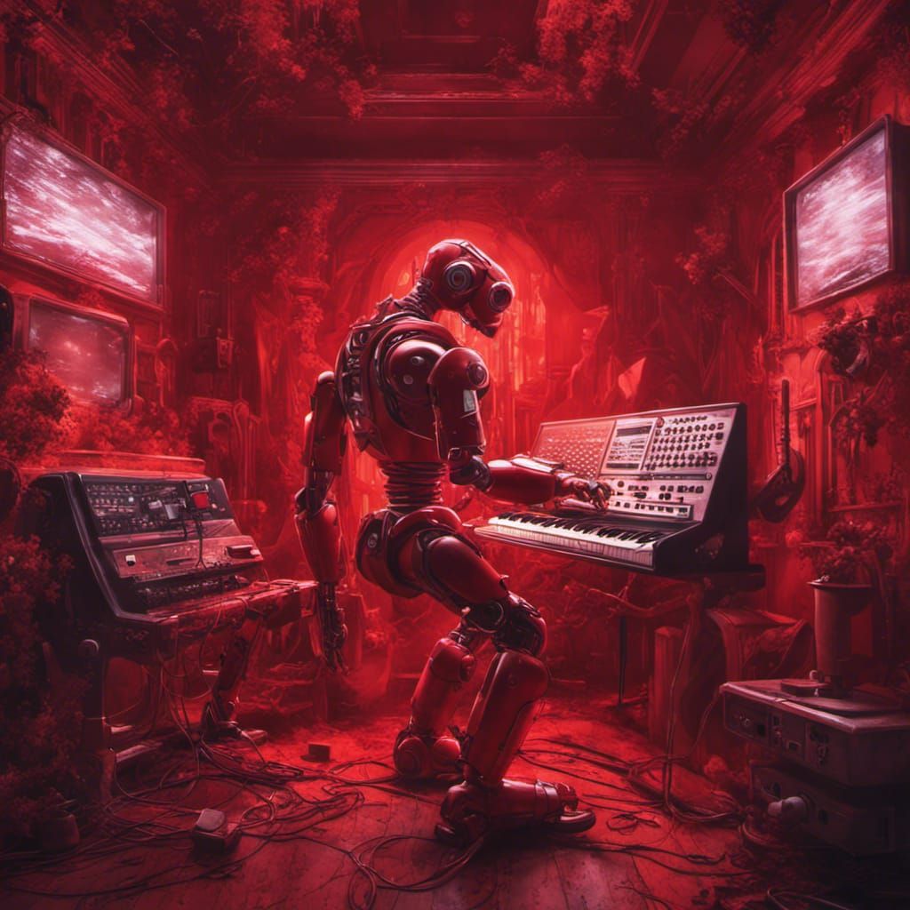 Vintage Red Robot Plays Music on Synthesizer
