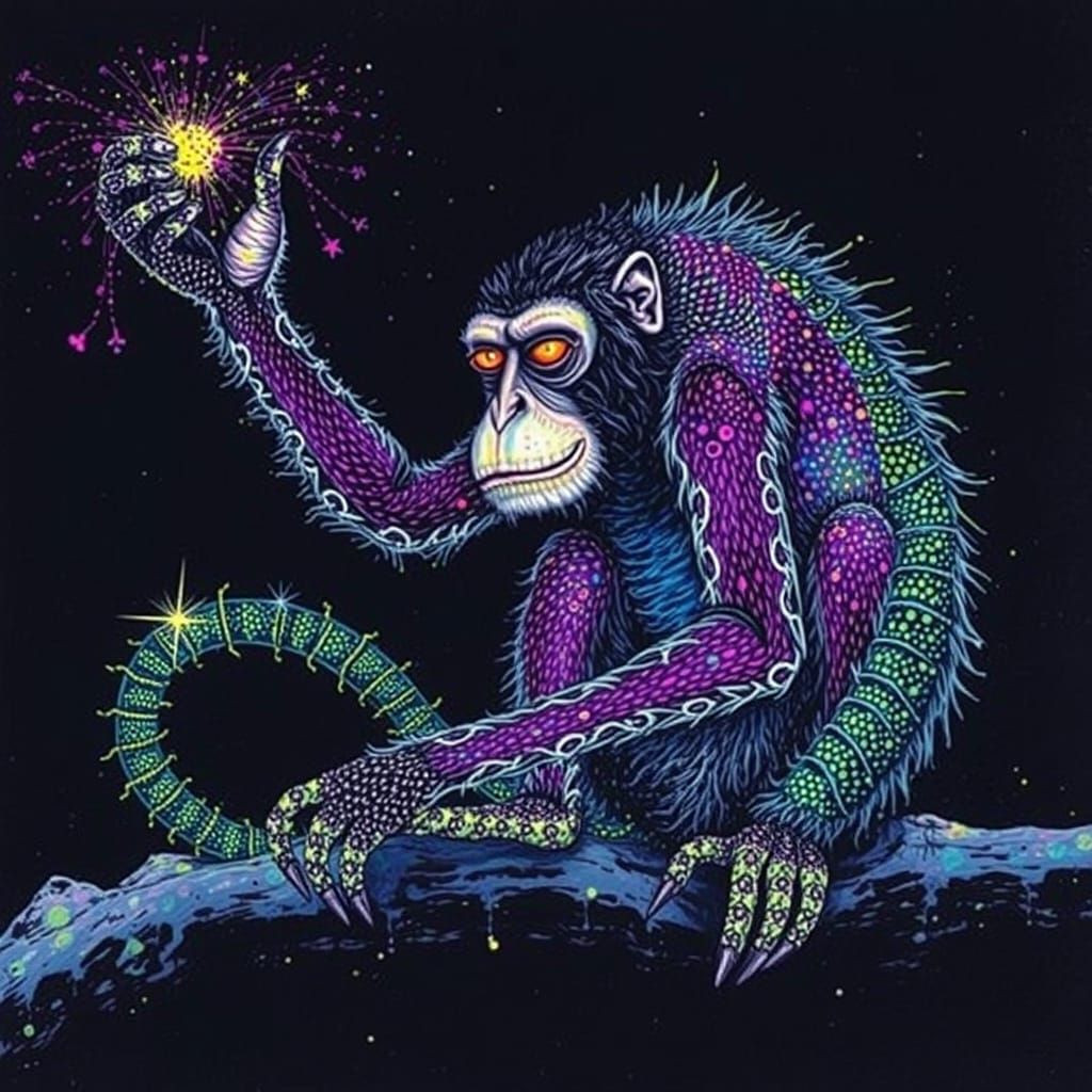 Whimsical Monkey with Elongated Limbs in Pointillist Style