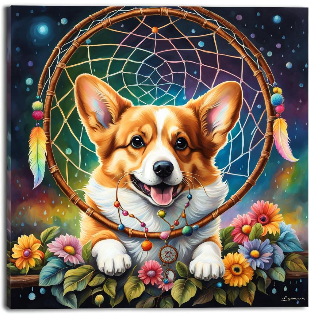 Corgi and Dreamcatcher Under a Rainbow