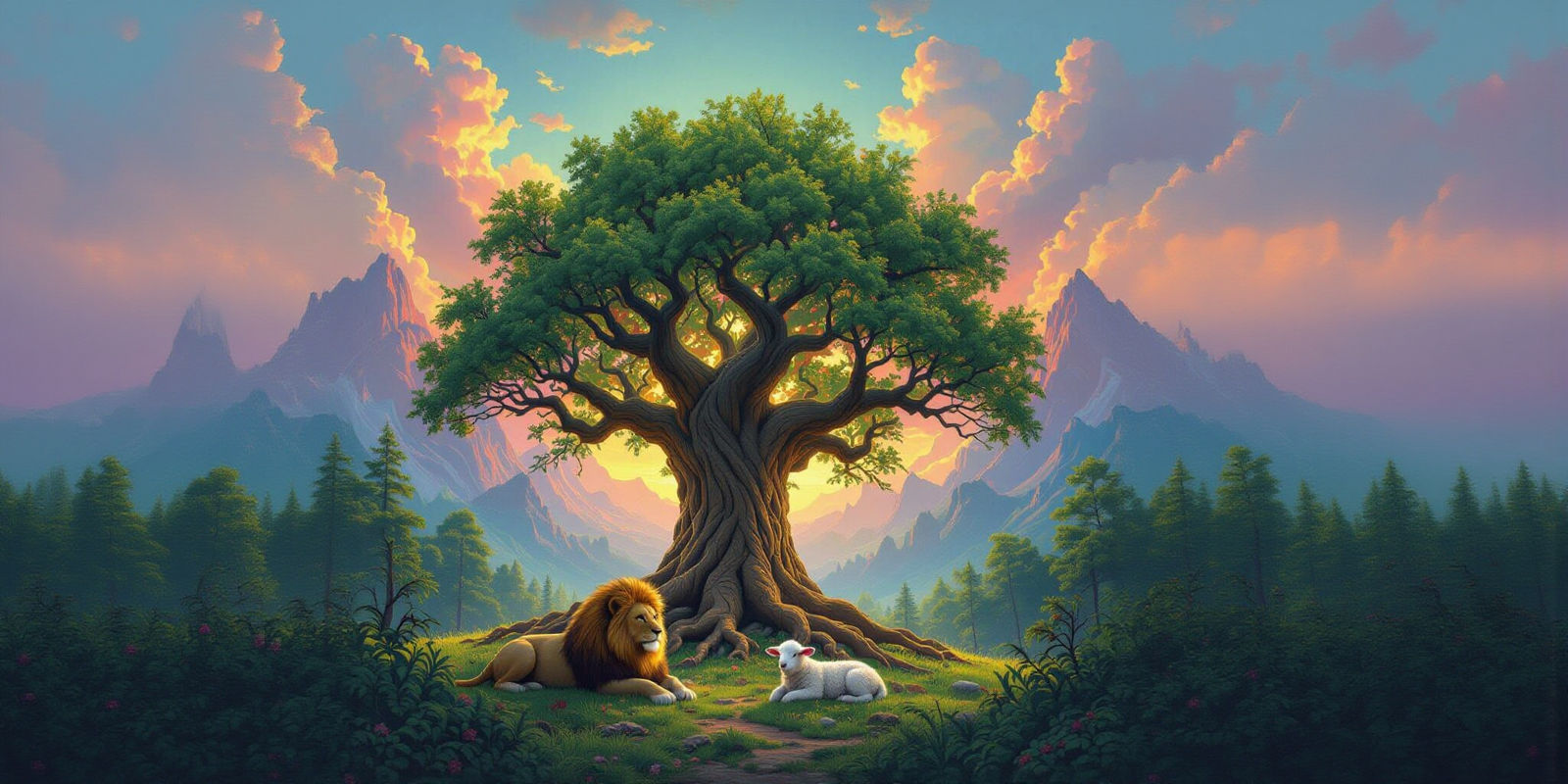 Tree of Life with Lion and Lamb in Cinematic Style
