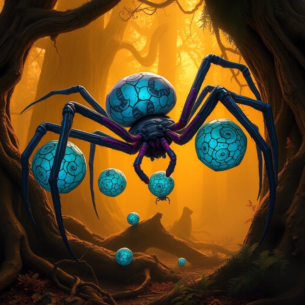Ethereal Fungus Infected Spiders in a Dreamlike Forest