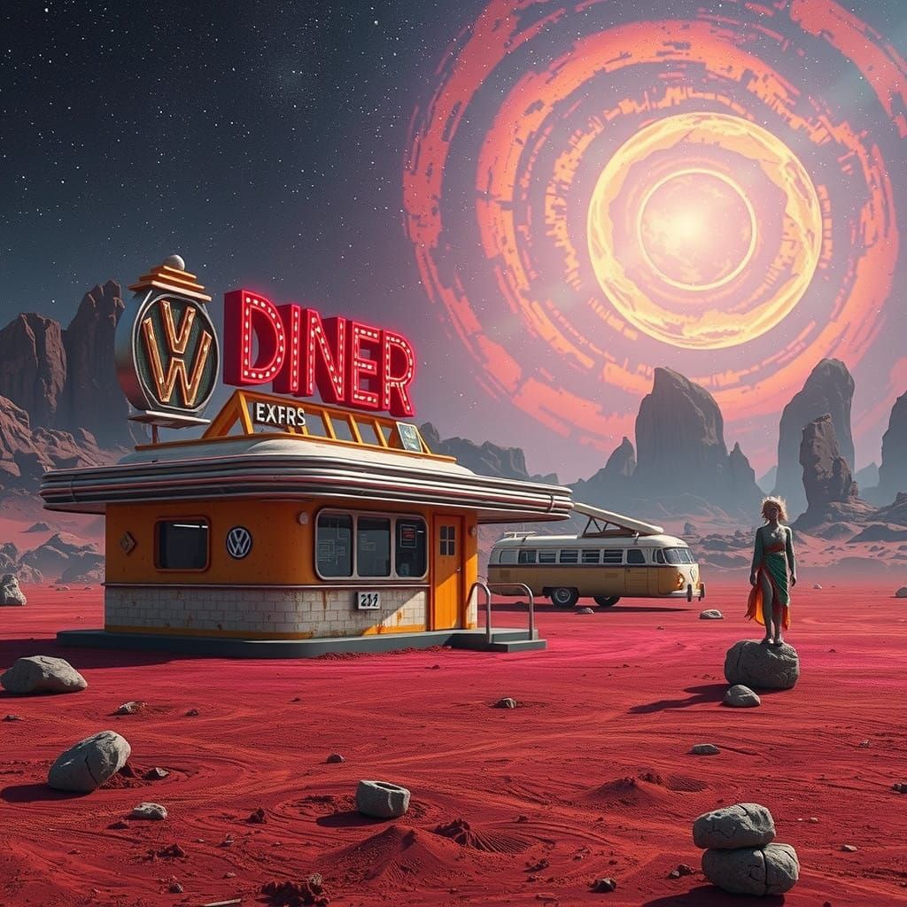 Retro-Futuristic Alien Diner on Moon Planet in Vibrant, Swir...