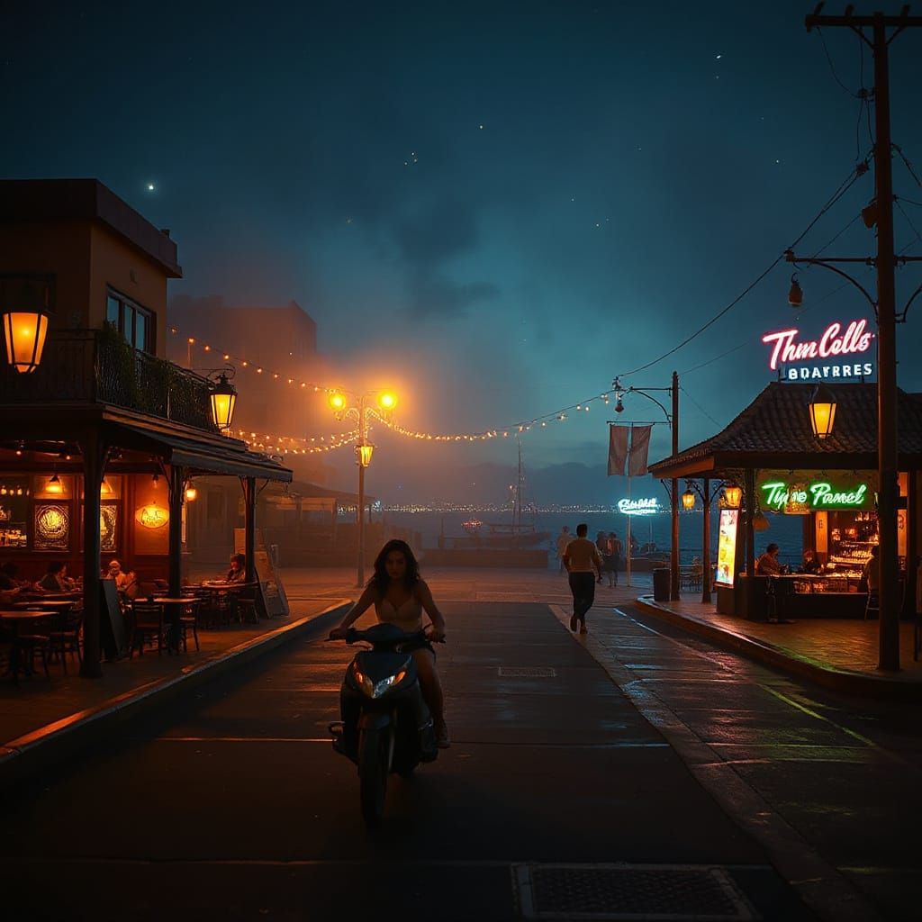 Magical Seaside Boulevard at Night in Neon Glow