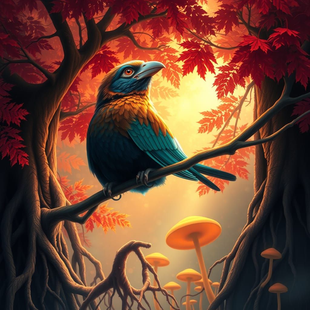 Iridescent Bird in Autumn Canopy, Fantasy Art