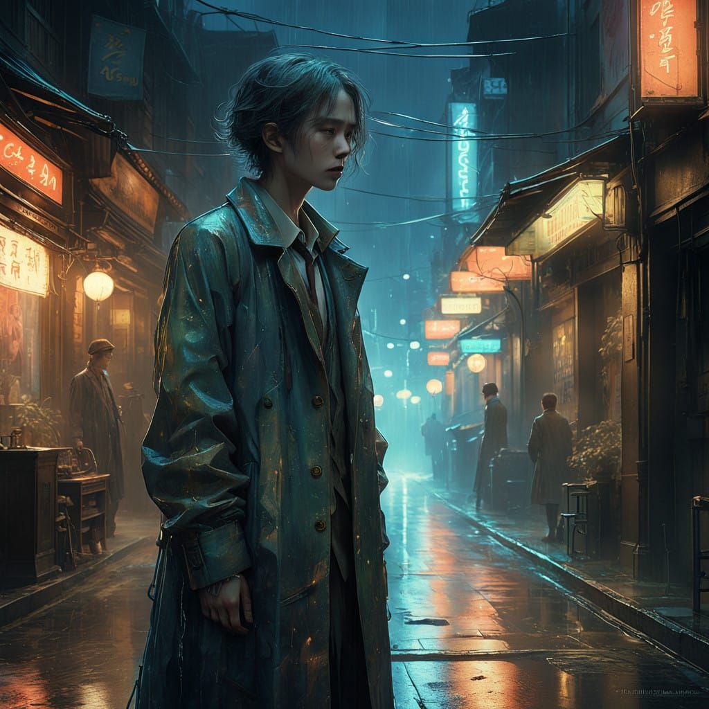 Mysterious Figure Embracing Ethereal Rainy Cityscape in Impr...