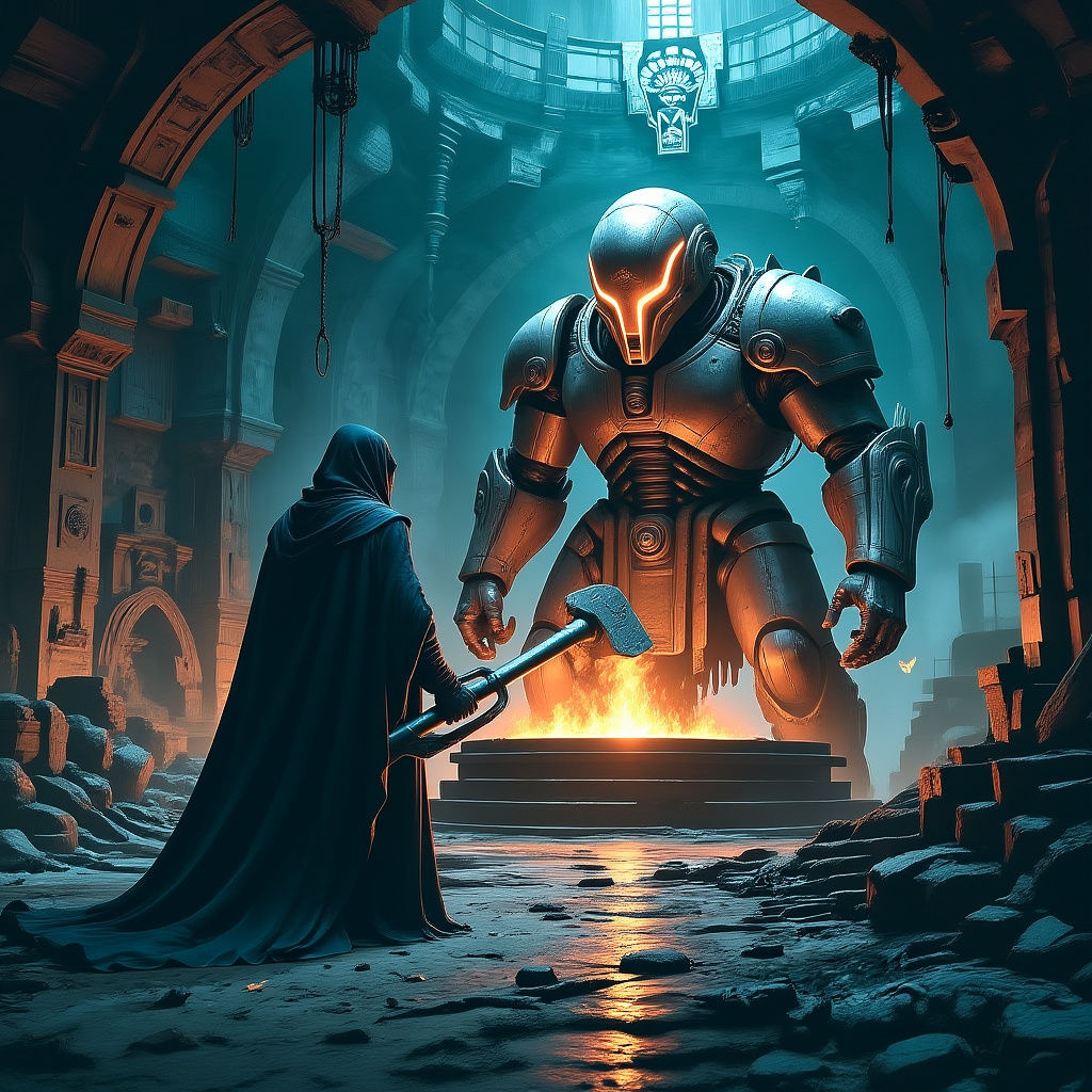 Biomechanical Golem Guards Subterranean Forge in Technorgani...