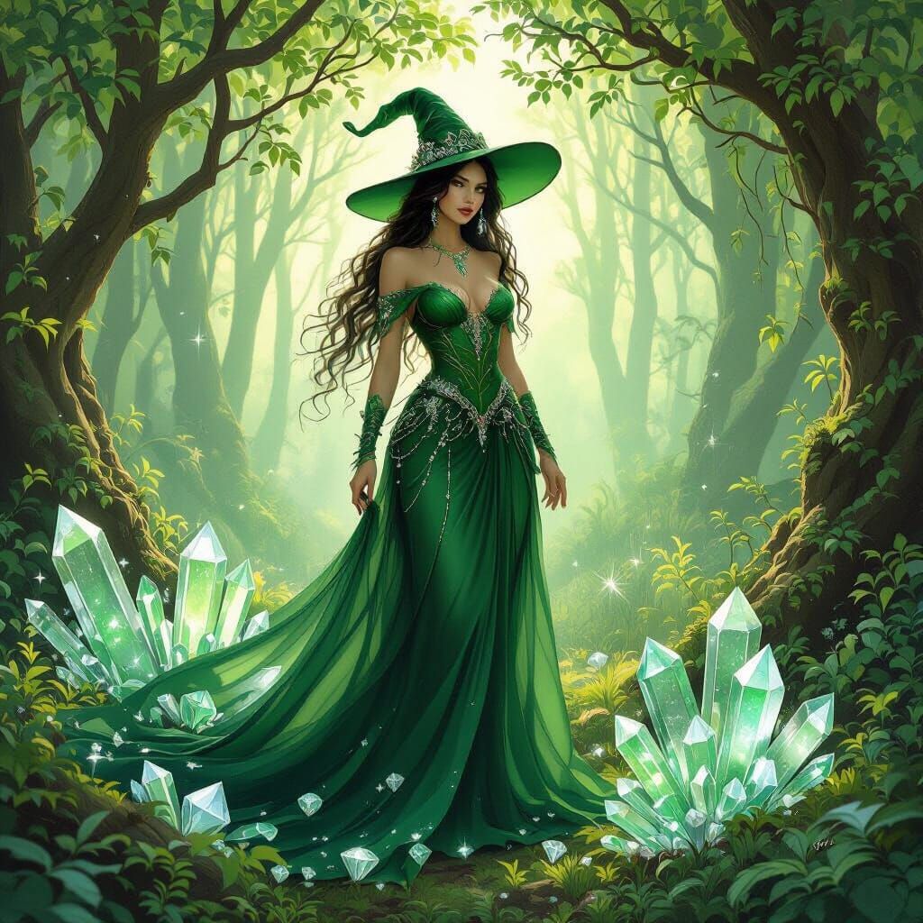 Enchanting Green Witch in Lush Forest, Art Nouveau Style