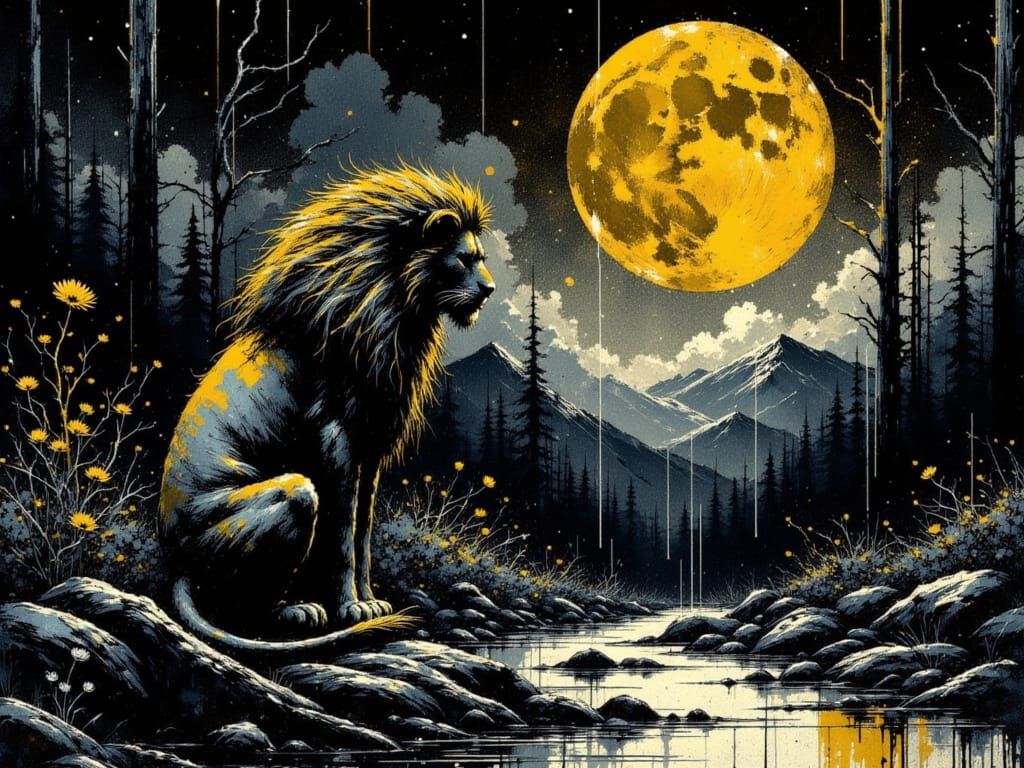 Majestic Lion Drinks Under Golden Moon in Eerie Forest