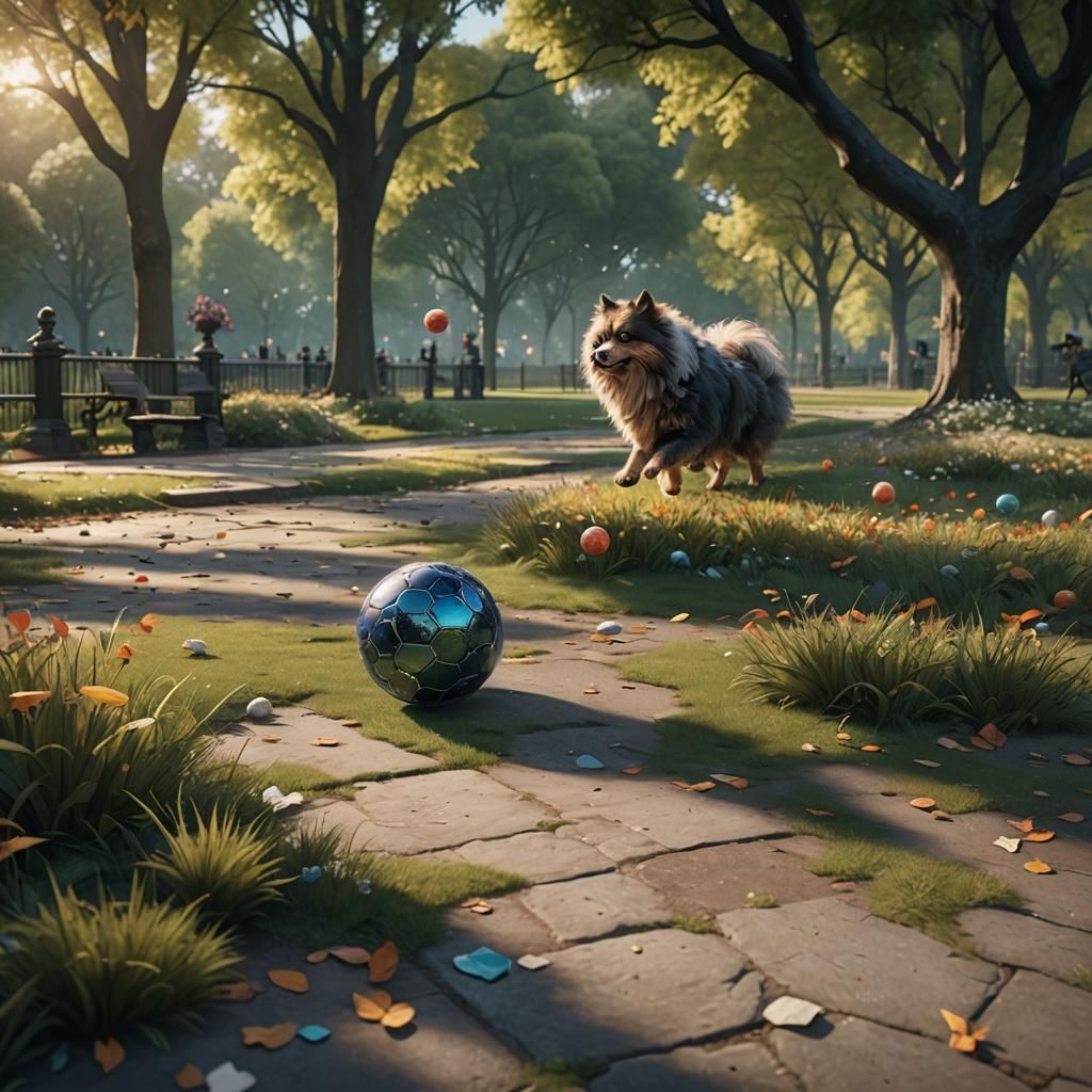 Fluffy Dog Chasing Ball: Fantasy Concept Art