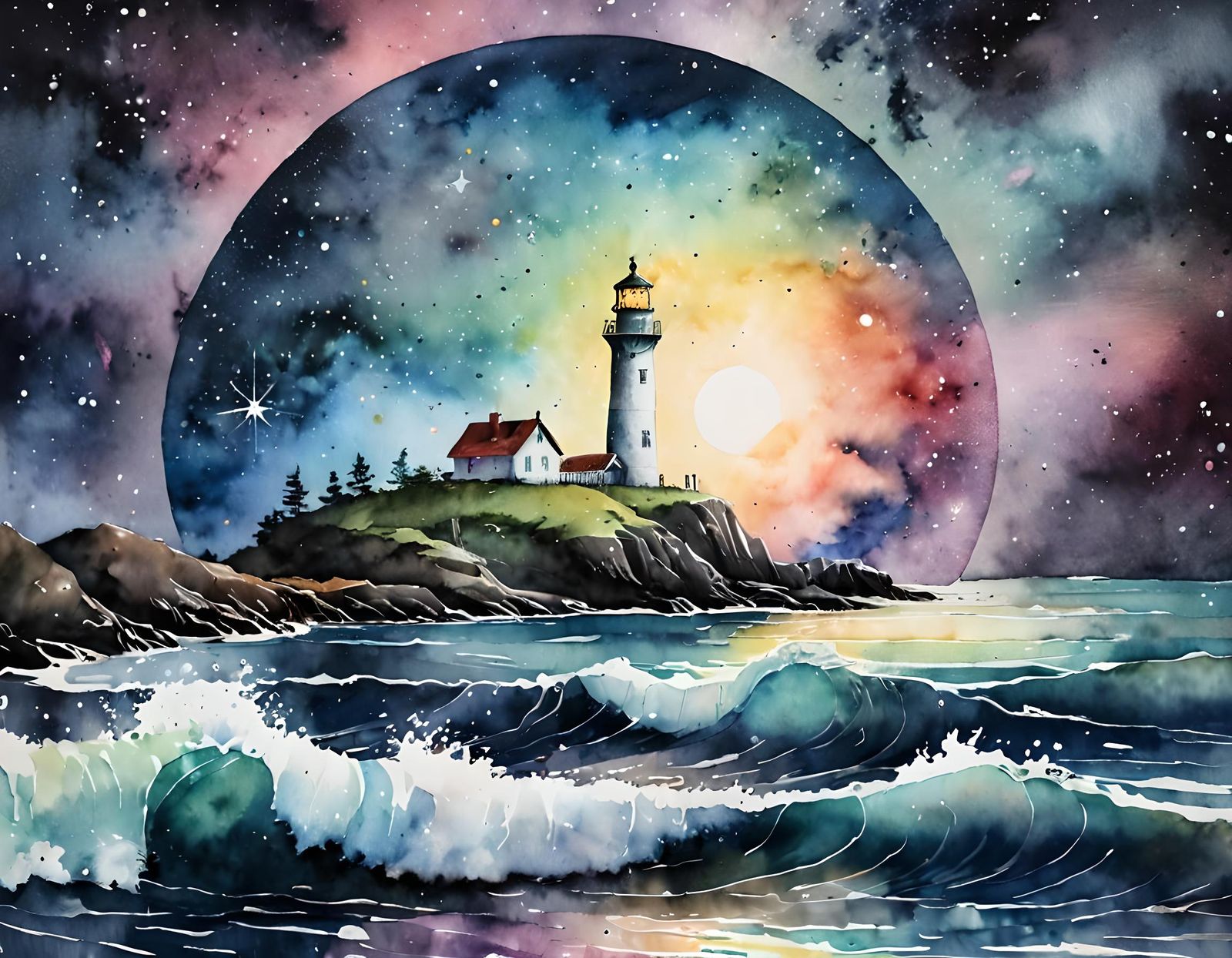 Moonlit Lighthouse with Cosmic Sky in Watercolor