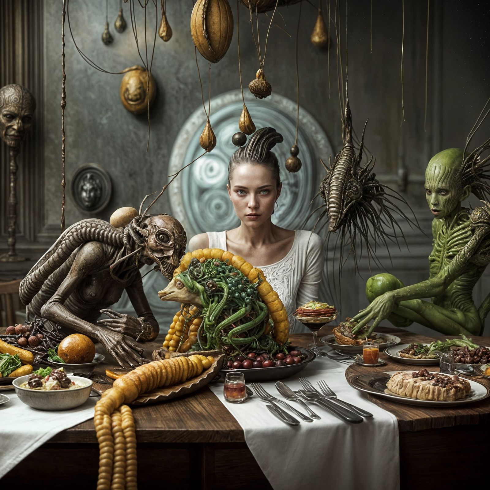Dreamlike Alien Feast in a Bizarre Futuristic Restaurant
