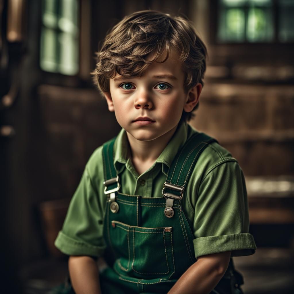 Hyperrealistic Portrait of a Boy in Overalls