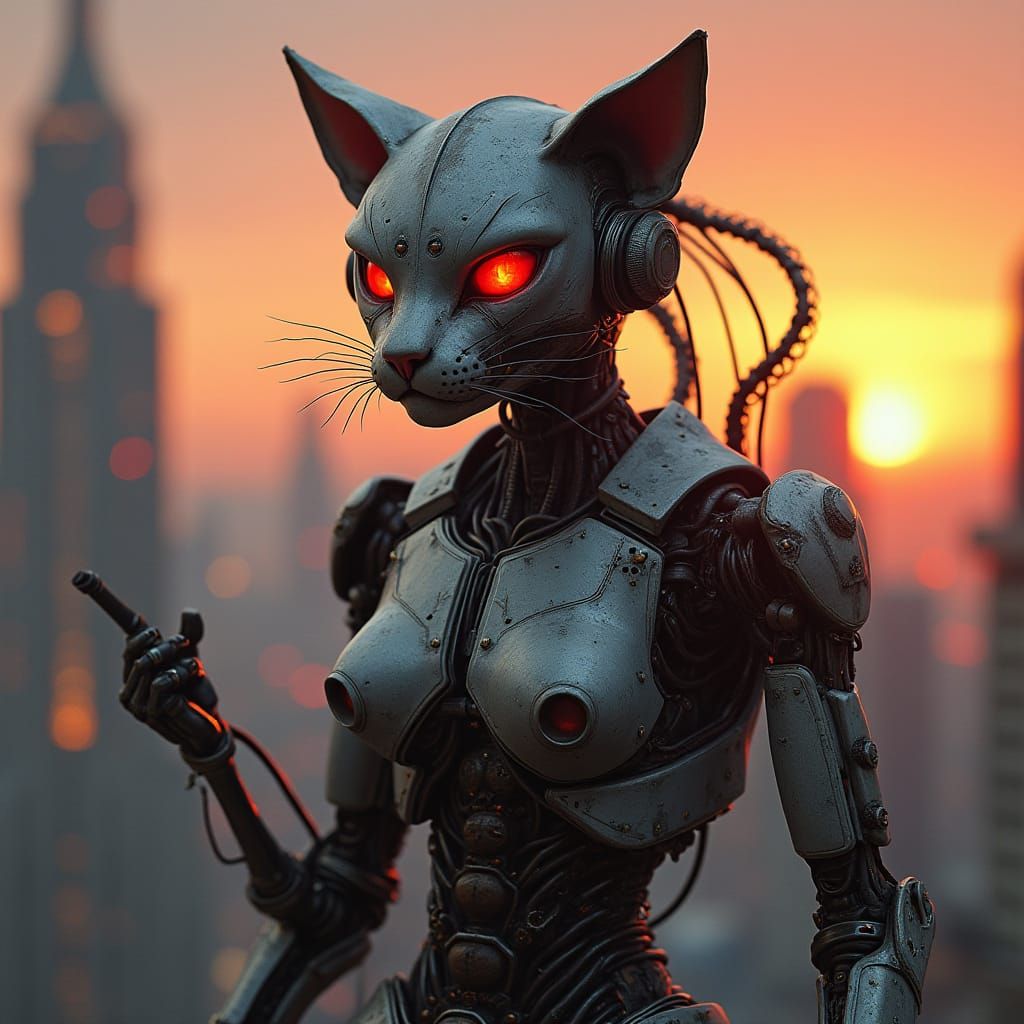 Metallic Feline Cyborg in a Dystopian Cityscape