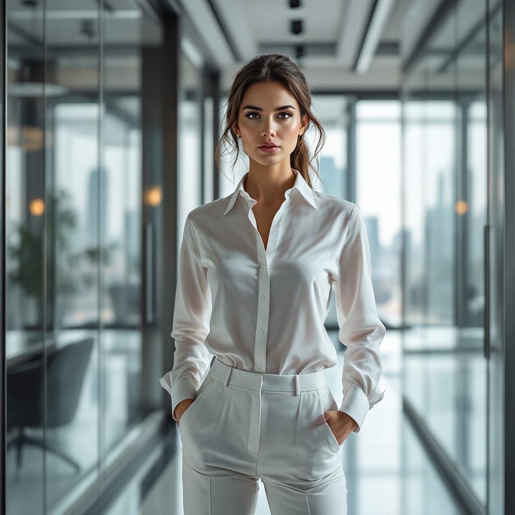 Confident Futuristic Woman in Modern Office