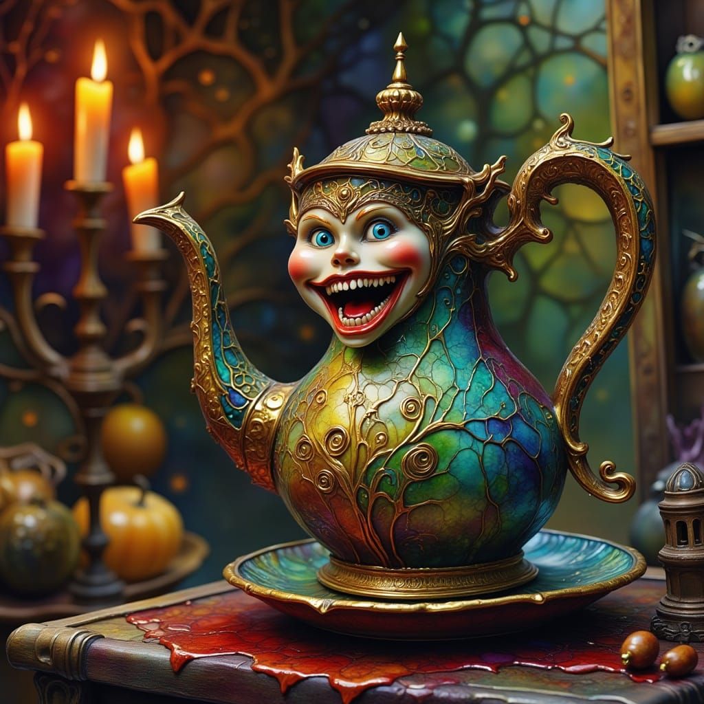 Ornate Vampire Teapot in Haunted Pantry, Dark Mystical Art