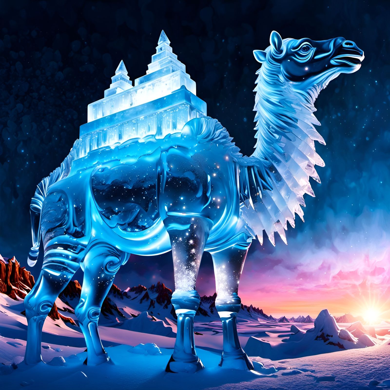 Whimsical Ice Camel Sculpture in Fantasy Cave