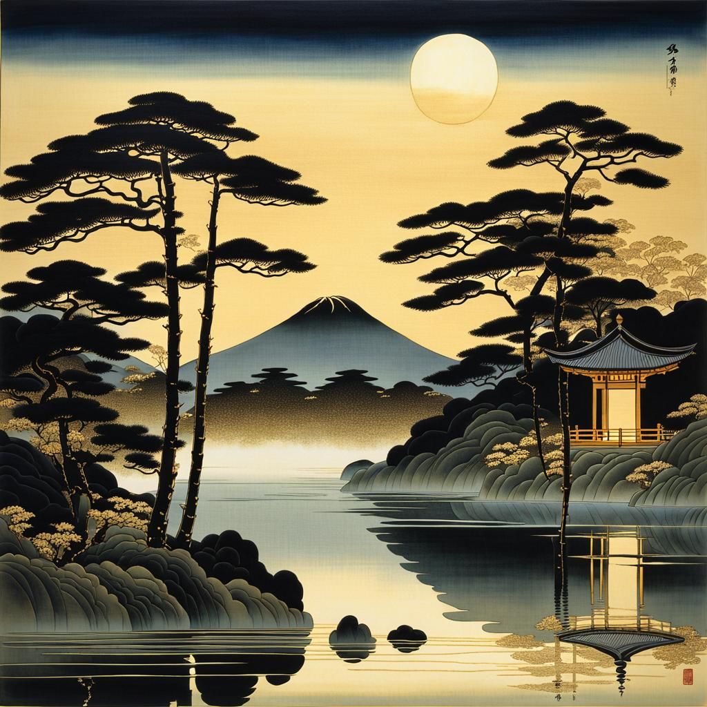 Moonlit Oriental Landscape with Gold Kintsugi Accents