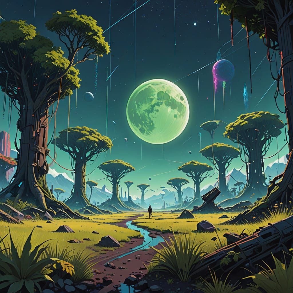 Ethereal Dystopian Metropolis in Vibrant Moonlight