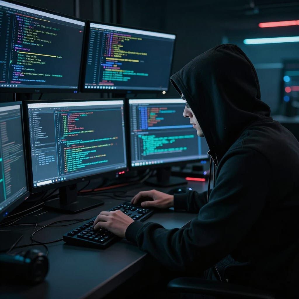 Cyberpunk Hacker Breaching FBI Systems with Neon Accents