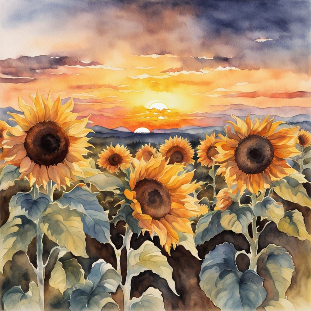 Luminous Watercolor Sunflowers at Sunset