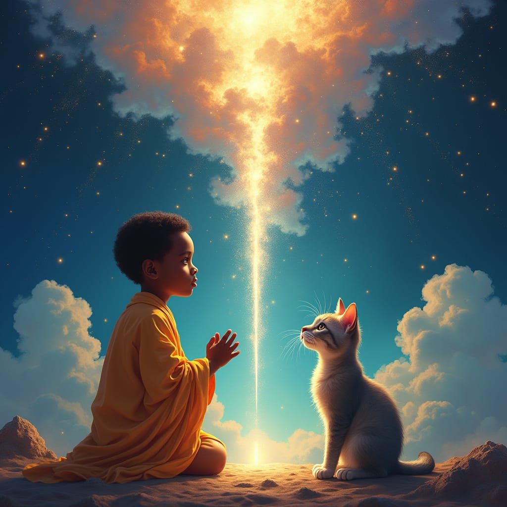 Surreal Ethiopian Boy and Cat Pray Under Radiant Light