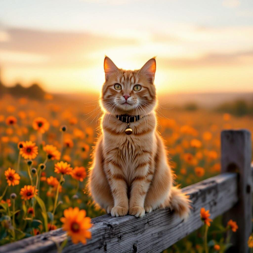Orange Tabby Cat in Wildflower Field at Dawn
