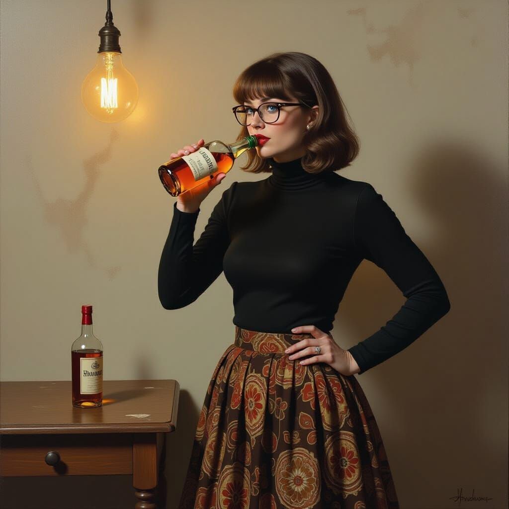 Woman Guzzling Whiskey in Melancholic Bar Scene