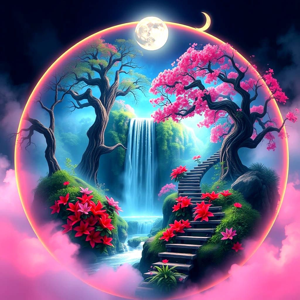 Surreal, Dreamlike Landscape within Glowing Orb: Cascading W...