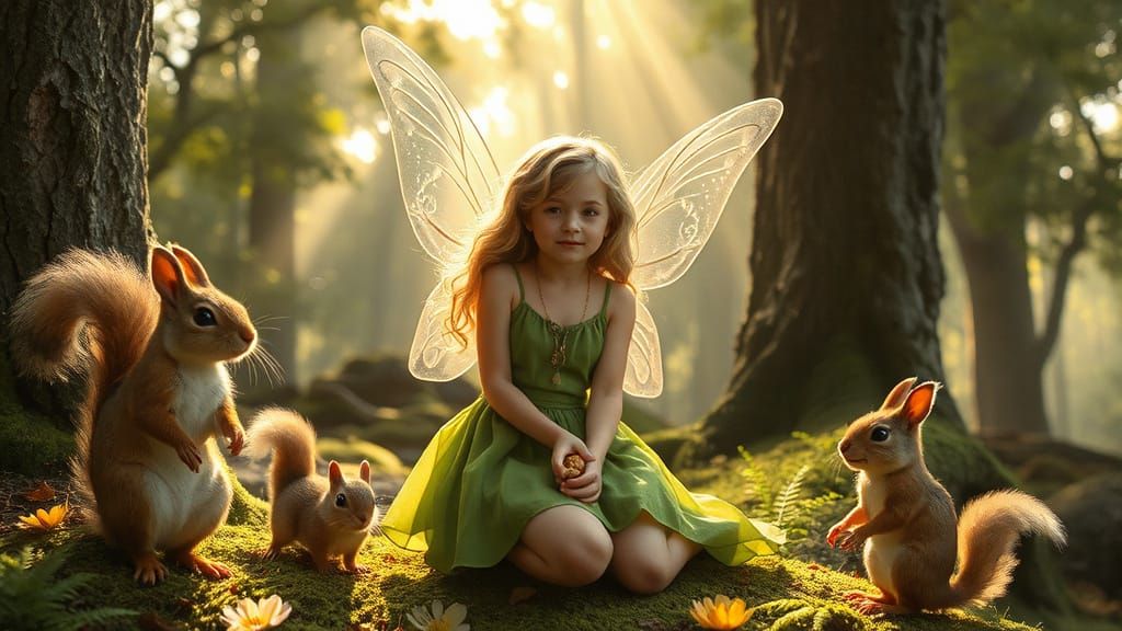 Sunlit Fairy in Forest with Animals, Digital Painting