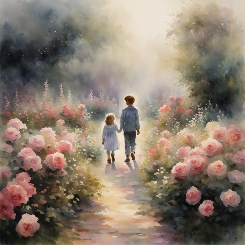 Ethereal Rose Garden Scene with Young Boy and Girl