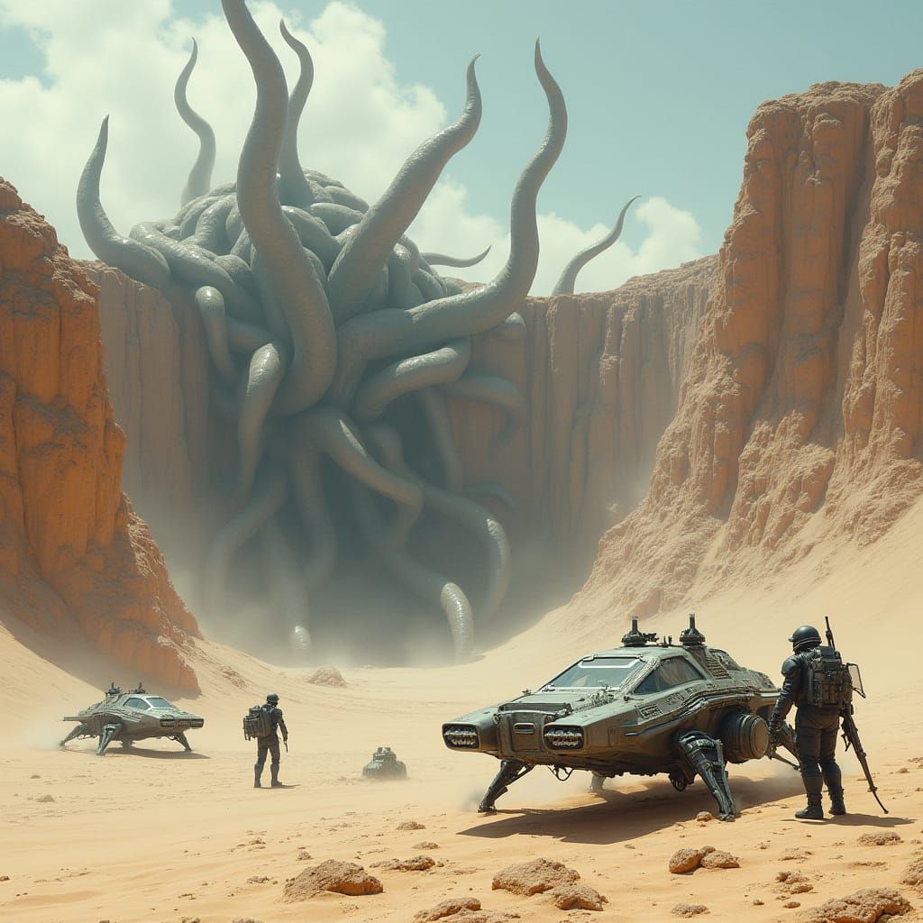 Tentacles Emerge from Crater in Futuristic Wasteland