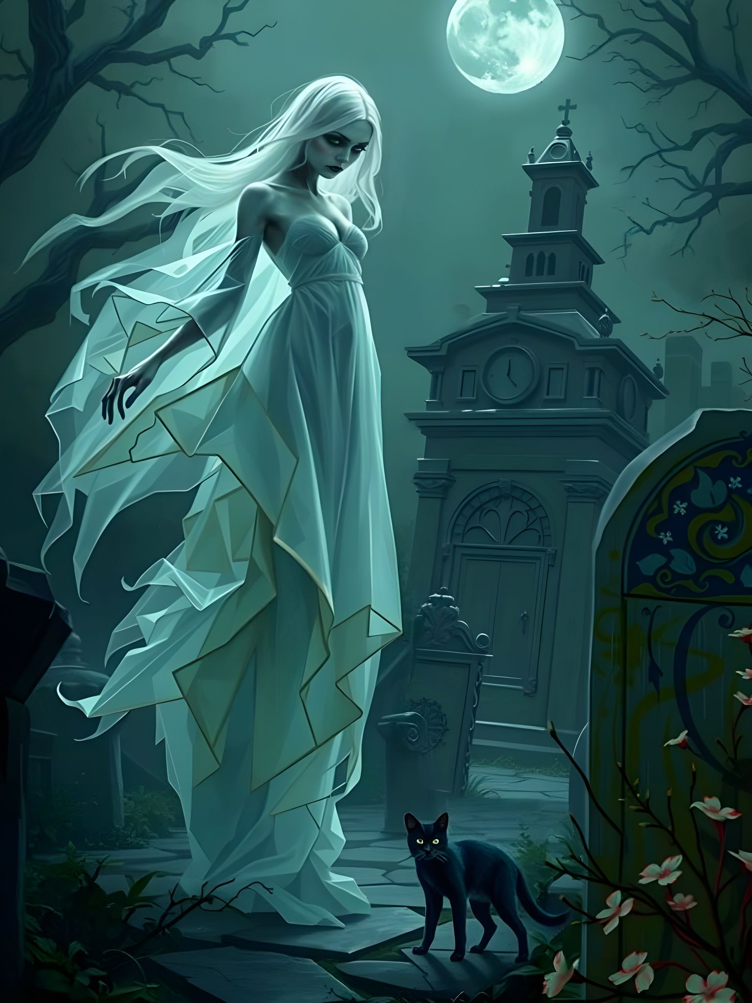 Neo-Cubist Ghost Bride and Black Cat in Vibrant Blue-To-Teal...