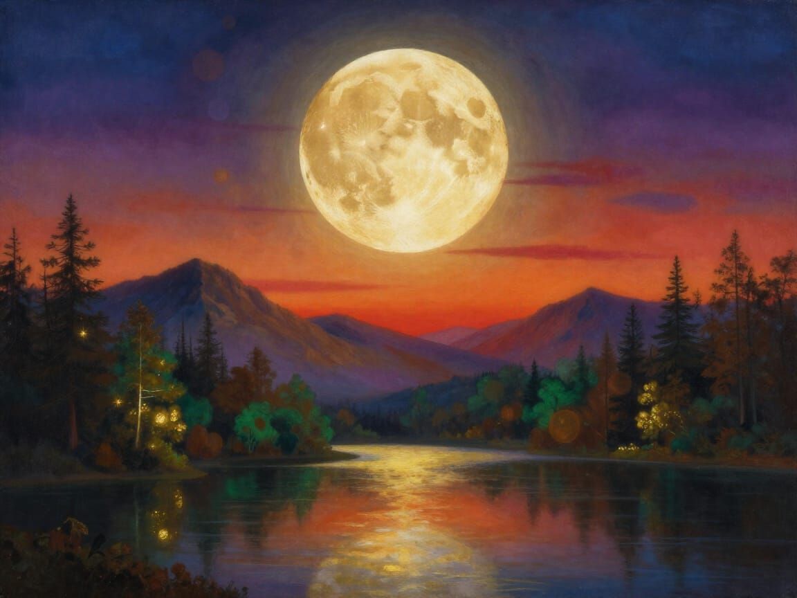 Golden Baroque Moon Over Reflecting Lake in Fantasy Landscap...