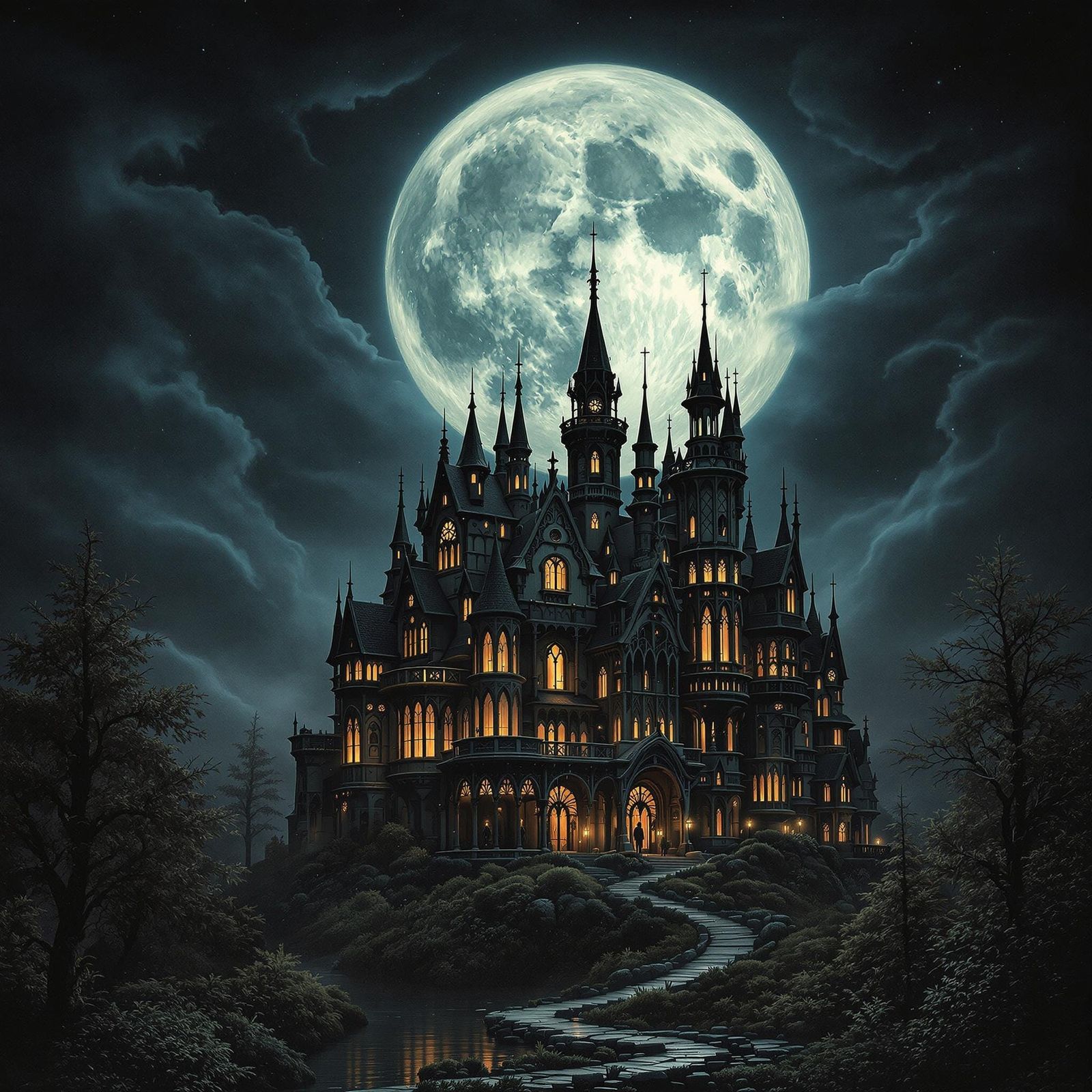 Majestic Gothic Mansion Under a Surreal Moonlit Sky
